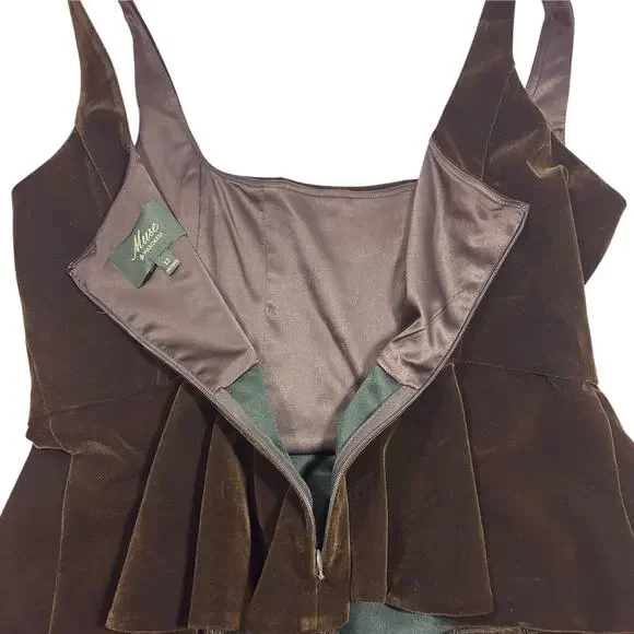 NWT Muse by Marchesa Velvet Peplum Top 12 Ristretto Brown Floral Applique $179 - Picture 5 of 10